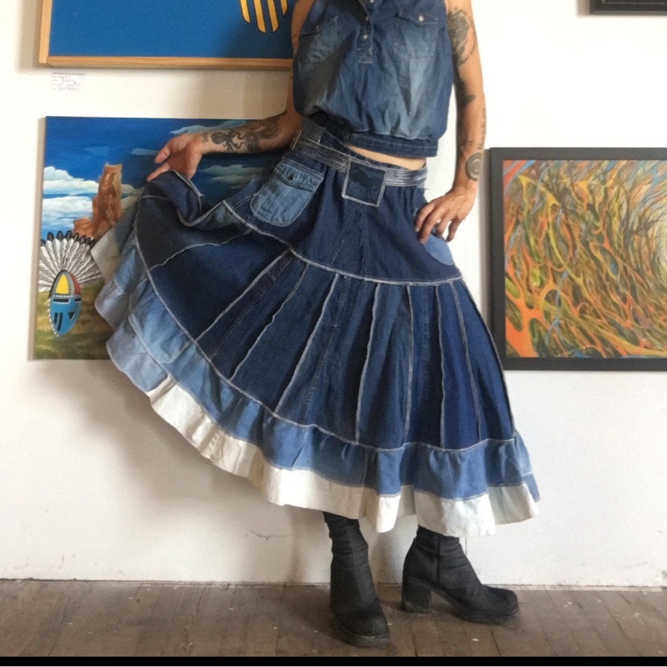 Denim Maxi Twirl Skirt Handmade Prints Upcycled Couture Ooak Patchwork Boho